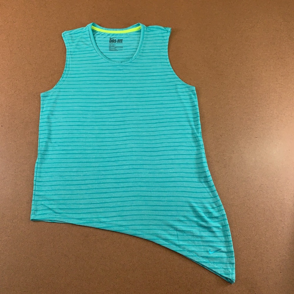 Nike Dri Fit Womens Size Small Loose Fit Green Stripe‎ Asymmetric Hem Tank Top